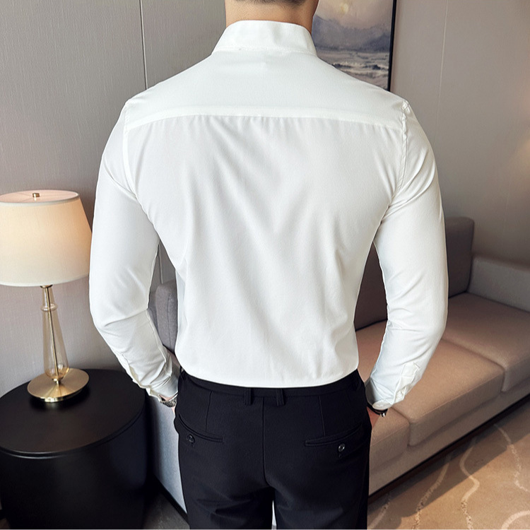 立领长袖衬衫男暗扣百搭纯色商务修身工作服春秋新款免烫高级男装|undefined
