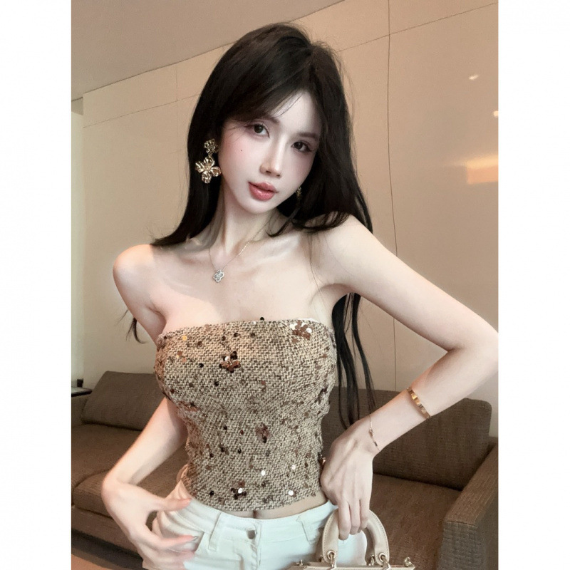 Pure Lust Style Glitter Sequin Embroidered Flowers Small Fragrance Style Summer Tube Top Short Slim Fit Inner Wear Women's Sleeveless Top Trendy