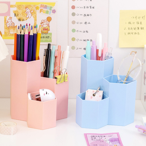 Hexagonal pen holder creative fashionable cute storage box desk beehive storage box cosmetic plastic pen bucket for women Instagram