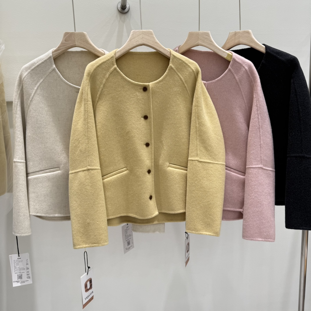 Source Factory Short Double-Sided Cashmere Coat for Women, 2025 New Style, Chanel-Inspired High-End Round-Neck Lazy Style