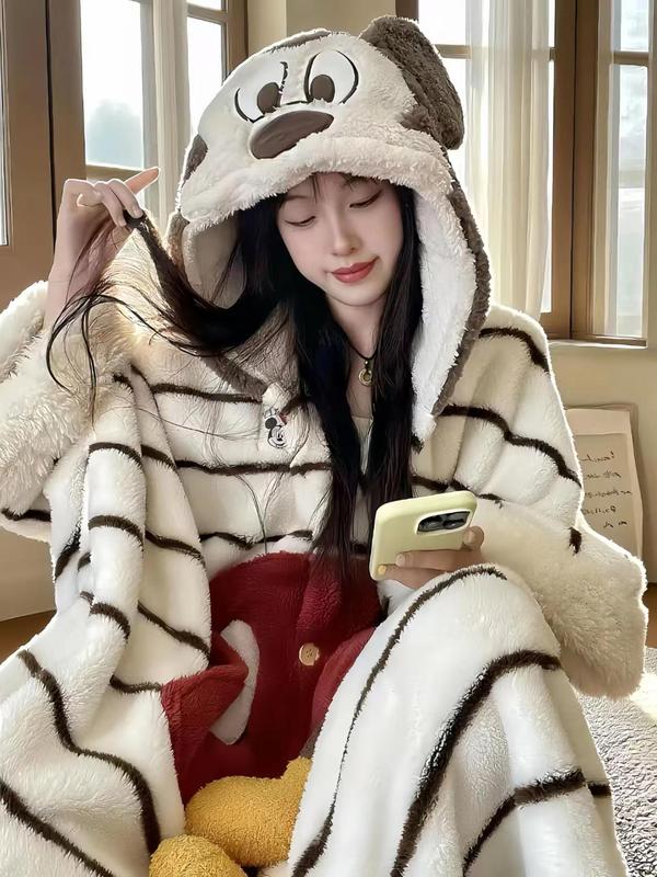 可爱米奇睡衣女秋冬季珊瑚绒加厚加绒条纹斗篷睡袍卡通长款家居服|undefined