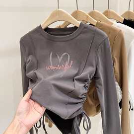 女童不规则长袖恤跨境童装新款不对称春秋冬保暖上衣辣妹抽绳褶皱