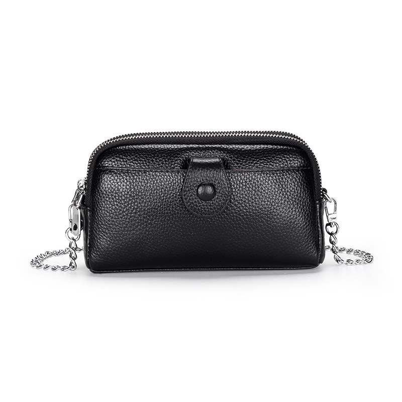 2026 New Model Women's Genuine Leather Clutch Chain Small Square Bag First-Layer Cowhide Double Zipper Compartment Women's Phone Bag