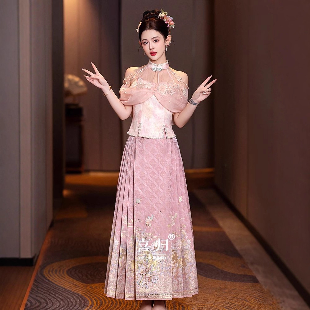 New Chinese Style Tube Top Horse Face Skirt New Suit Daily Wearable Bride Wedding Engagement Dress Cheongsam Toast Dress