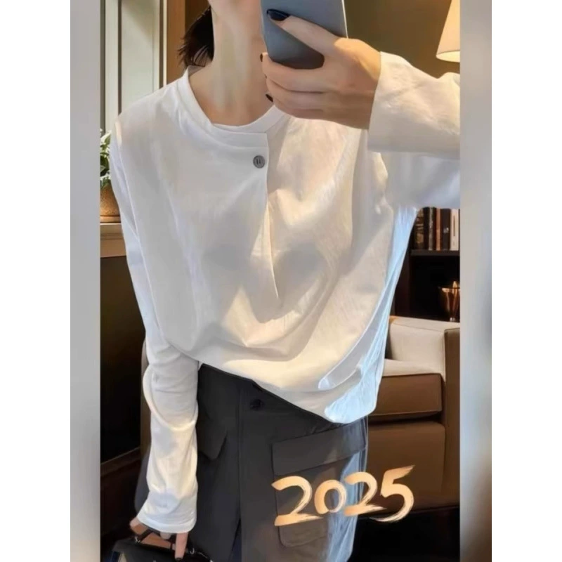 Женская белая футболка с длинным рукавом на одну пуговицу, весна-осень 2025, новый корейский стиль, чистый хлопок, свободный крой