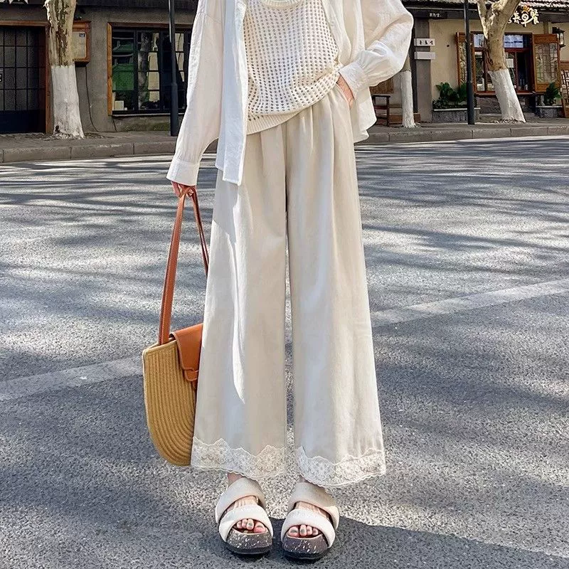 Корейские широкие брюки с кружевными вставками в стиле ретро для женщин, летний стиль, универсальные девятиточечные брюки с высокой талией, модные прямые брюки