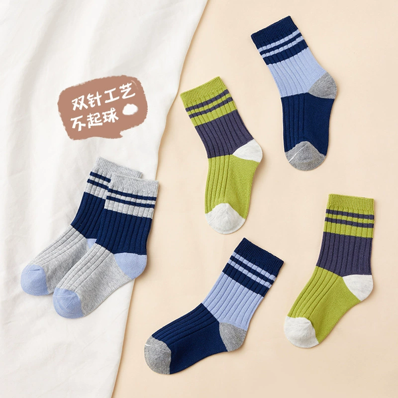 Детские носки Tangram, детские носки, толстые хлопковые двойные иглы, подходящие по цвету полосатые осенне-зимние студенческие мальчики и девочки, чесаный хлопок оптом