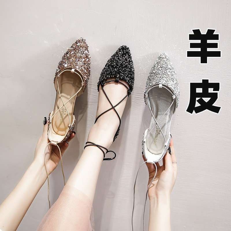 2025 Spring and Autum New Style Hollow Rhinestone Flats Fashionable Cross Strap Sandals Flats Heel Large Size Women's Shoes 41 to 43