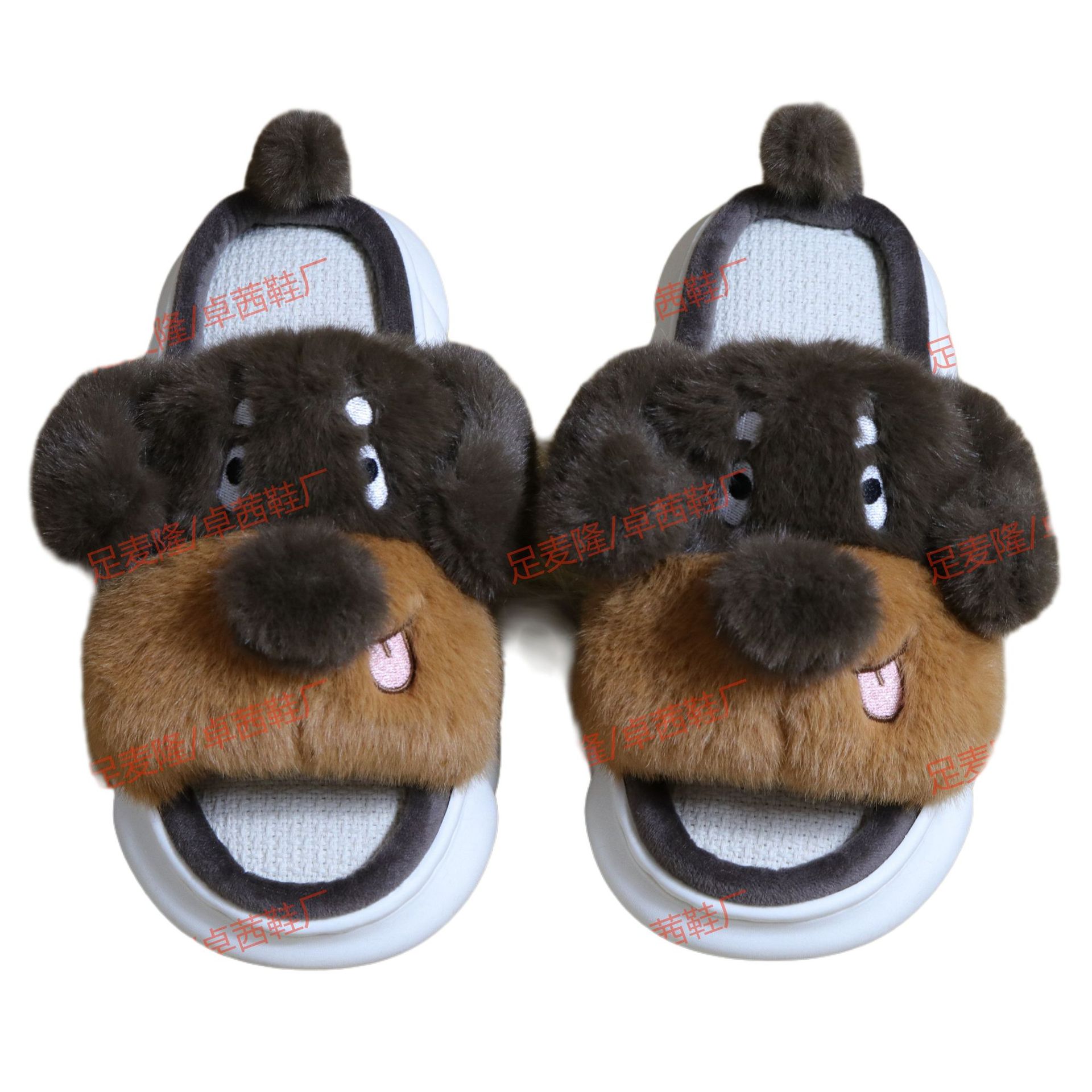 2025 nuevo estilo de lino personalizado, fregado abierto, otoño e invierno, zapatillas de casa para cachorros de doble color para hombres y mujeres