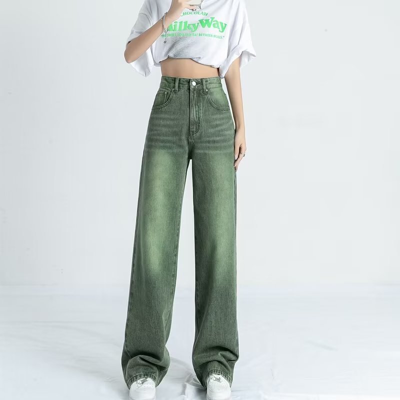 Green Wide Leg Jeans Women's Autumn 2022 New High Waist Slimming Casual Pendant Trendy ins