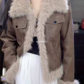 摩登美式复古皮衣新款压花时尚气质皮衣毛毛加厚拼接女外套图片色