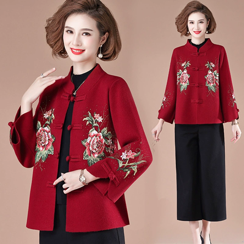 Осеннее свадебное красное пальто для мамы, счастливая теща, Благородный вязаный кардиган с вышивкой, осенне-зимняя Свадебная Банкетная одежда для женщин среднего и пожилого возраста