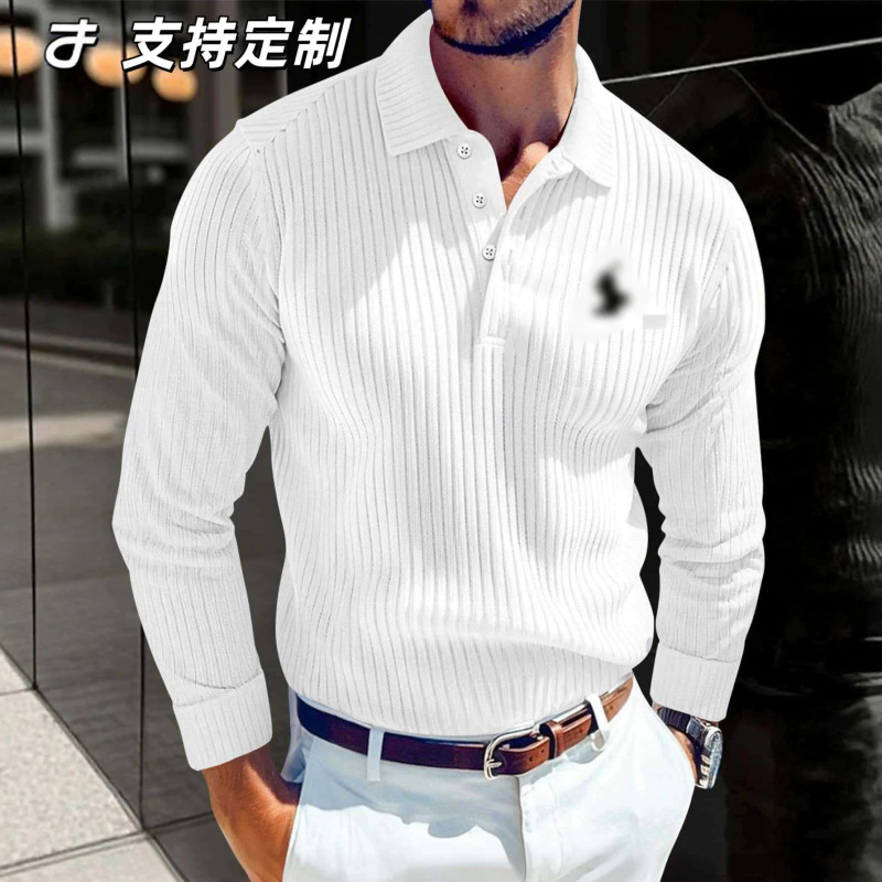 2026 New Cross-Border European and American Men's T-Shirt Knitted Lapel Business Button Slim Long-Sleeve Polo Shirt in Stock