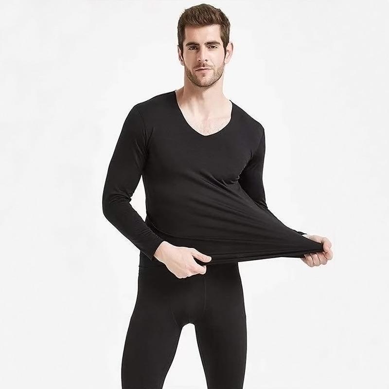 Men's Autumn and Winter Seamless Stretchy Thin Thermal Underwear Set, Women's Fleece Solid Color Base Layer Thermal Tops and Pants
