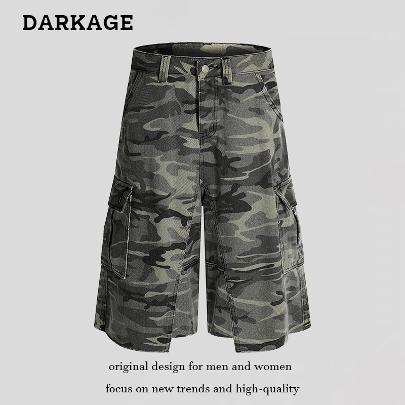 2025 New American Retro Tassel Camouflage Cropped Cargo Pants for Men and Women with Multiple Pockets and Loose Design Shorts