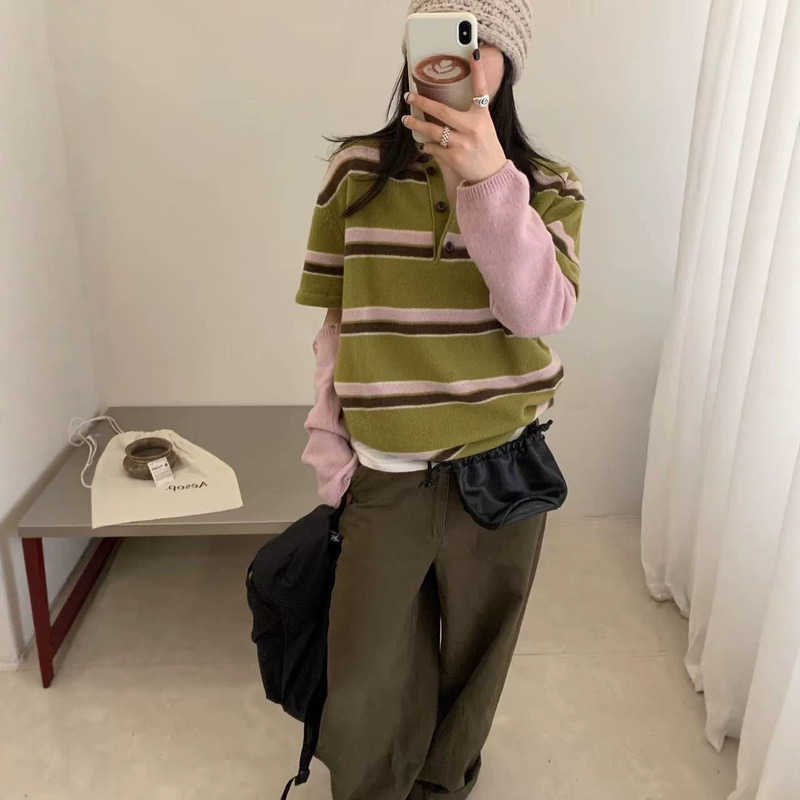 100% sheep wool polo collar striped detachable sleeve pullover sweater for women, autumn Korean style loose soft knitwear