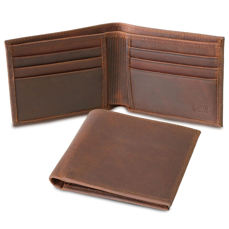Amazon retro caballo loco billetera de cuero ligera doble doble multi-tarjeta billetera de cuero RFID anti-robo billetera para hombres