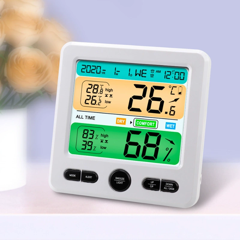Многофункциональный экран домочадца метра температуры и влажности цифрового дисплея большой с часами комфорта окружающей среды сигнала тревоги температуры и влажности электронными
