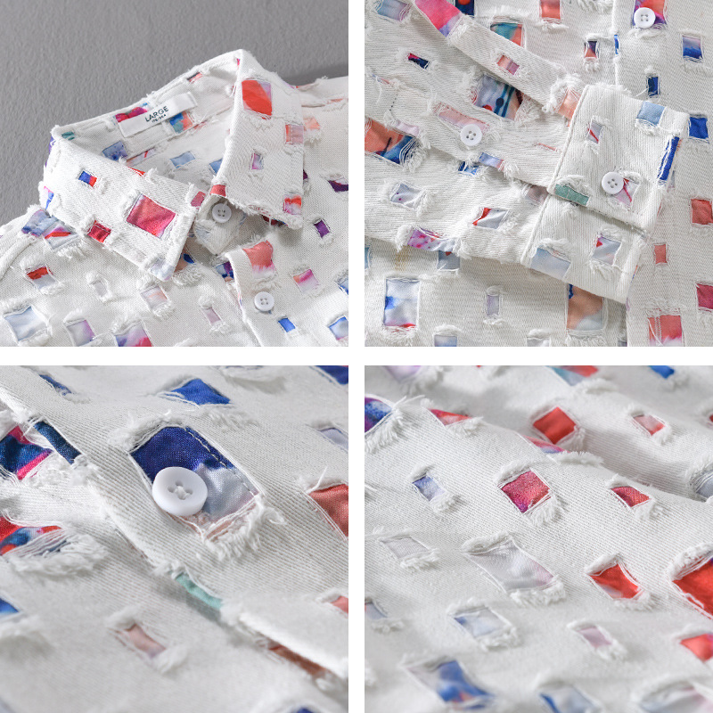 MRMING diseño Plaid rasgado impreso costura camisa de manga larga hueco de moda Camisa de algodón abrigo ropa de hombre