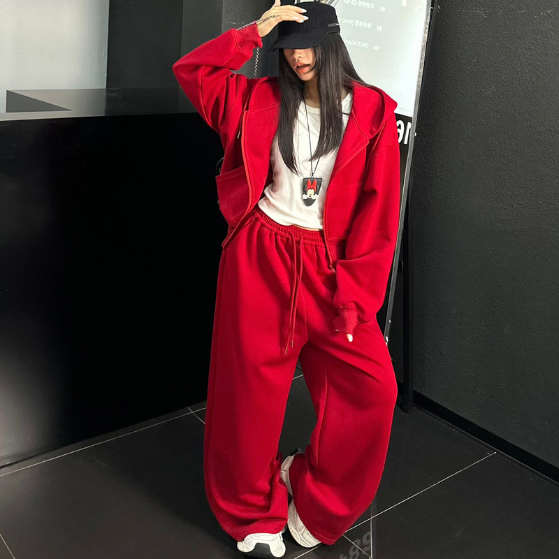Christmas Casual Sports Suit for Women 2025 Autumn and Winter Style Red Hooded Zipper Sweatshirt Wide Leg Pants Two-Piece Set
