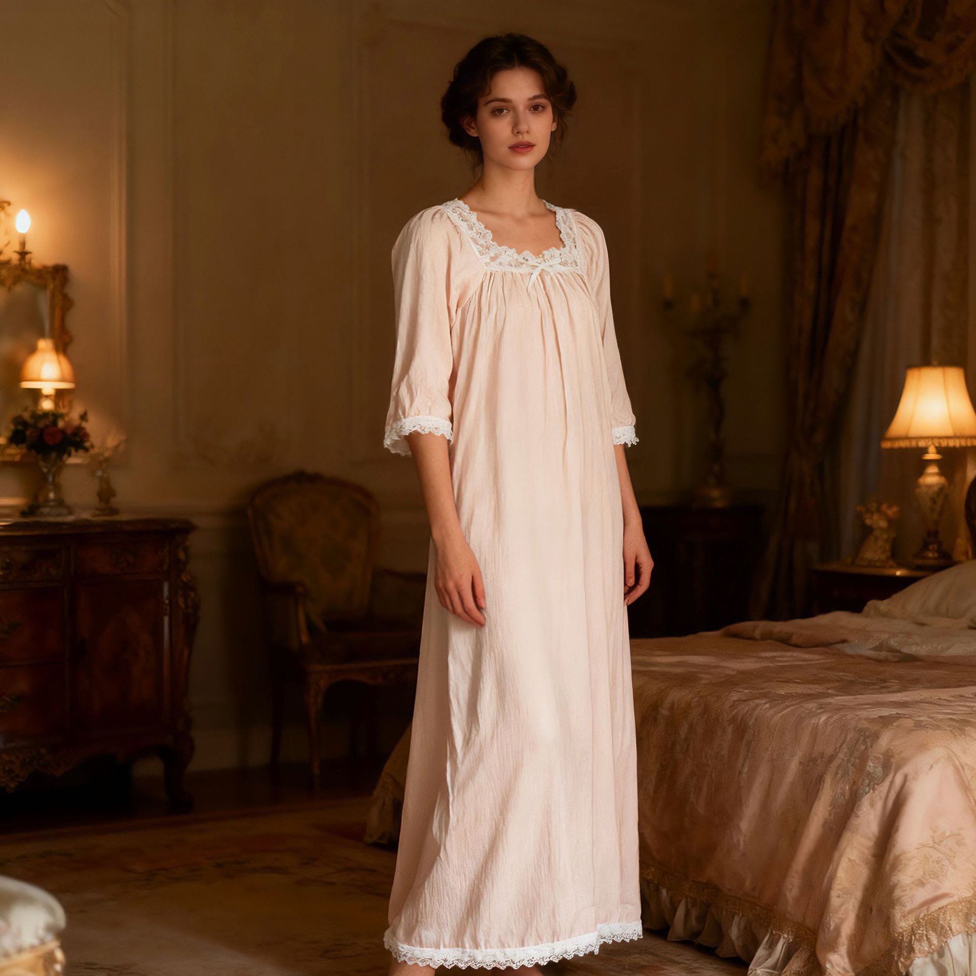 秋冬新款睡衣女纯色简约风蕾丝花边领长袖睡裙莫代尔性感家居服