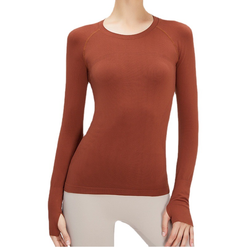 Transfronterizo nuevo top de fitness sin costuras de las mujeres de manga larga de punto transpirable deportes de color sólido cuello redondo ropa de yoga camiseta