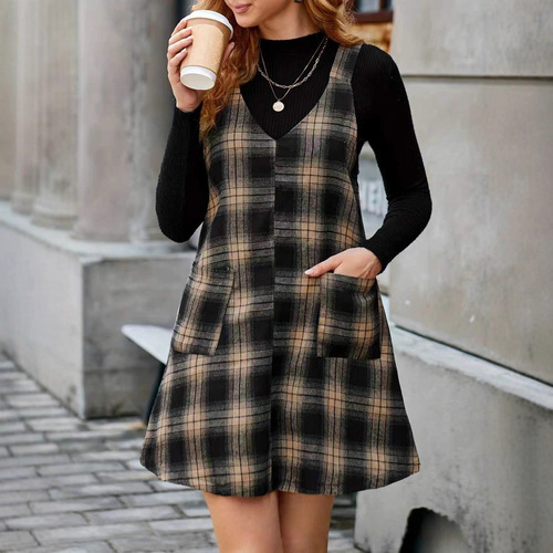 New trendy stylishcommuting casual slimming V-neck pocket solid color corduroy belt dress for women