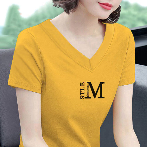 Wholesale Mom White T-Shirt for Women Short Sleeve Loose V-Neck 2025 Summer Top with Chicken Collar Thin T-Shirt