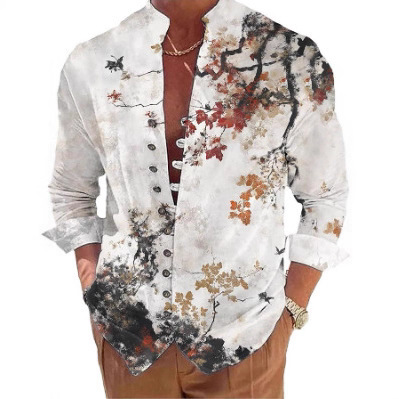 2025 Cross-Border European and American New Style Men's Fashion Printed Long-Sleeve Stand-Up Collar Trendy Casual Shirt for Men with No-Iron Treatment