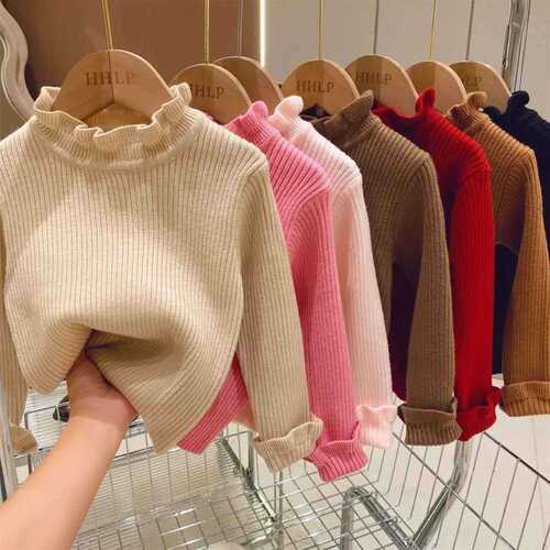 Spring, autumn and winter new girls' sweaters, stylish turtleneck solid color bottoming shirts, small and medium-sized children's fungus edge collar sweaters wholesale