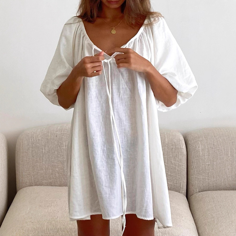 2026 Pure Cotton European and American Spring and Summer New Style White Comfortable Breathable Loose Lace-Up Nightgown Cross-Border Wholesale Home Wear for Women