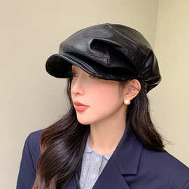 小众设计感不规则褶皱PU贝雷帽子女复古皮质八角帽时尚个性报童帽