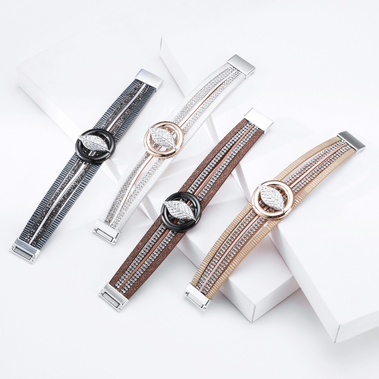 Bohemian Multilayer Hot Rhinestone Leaf Leather Bracelet