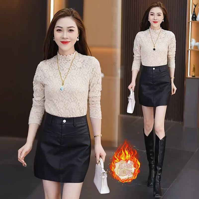 Autumn and Winter Fashion fleece-lined Lace Half-high Collar Base Shirt Women's Autumn Fashion Western Style High-grade All-match Top for Age Reduction