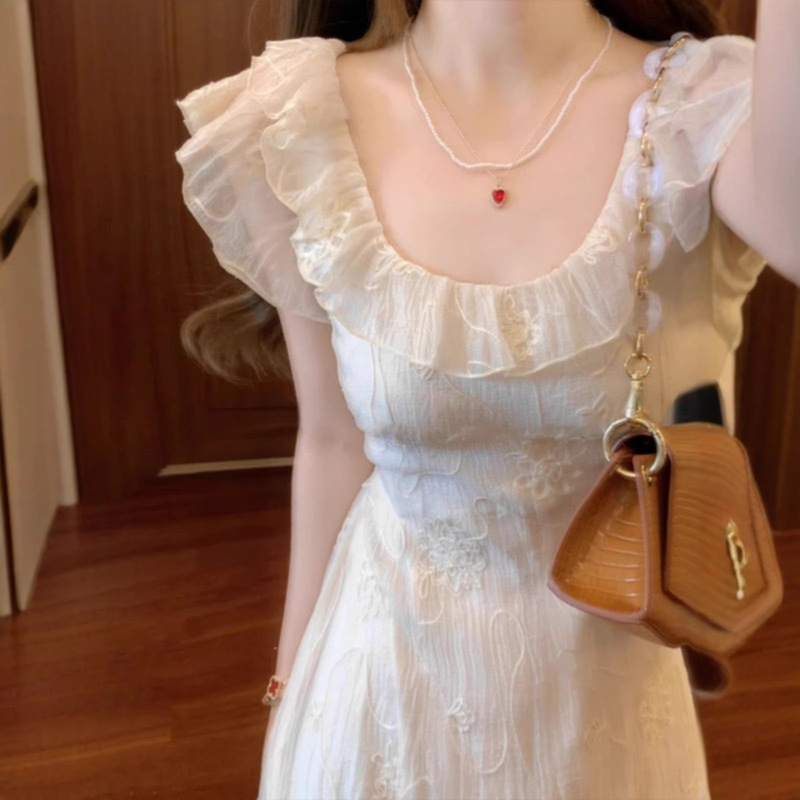 2026 New Style Beach Vacation Apricot-Colored Flutter Sleeve Strap Dress for Women, Summer Petite Super Pretty Long Dress 2026 New Style Beach Vacation Apricot-Colored Flutter Sleeve Strap Dress for Women, Summer Petite Super Pretty Long Dress