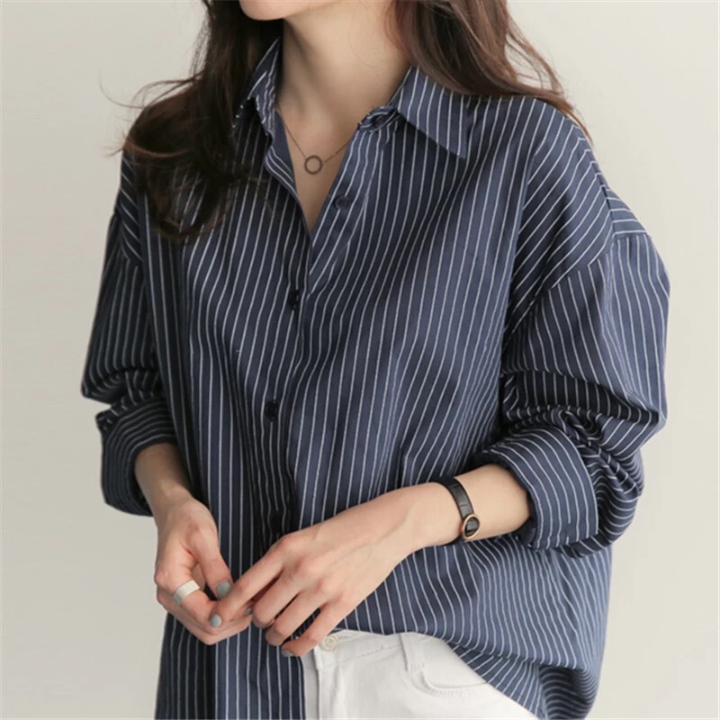 Korean Vertical Striped Shirt for Women 2025 Autumn New Korean Style Elegant Hong Kong Style Design Niche Loose Versatile Shirt