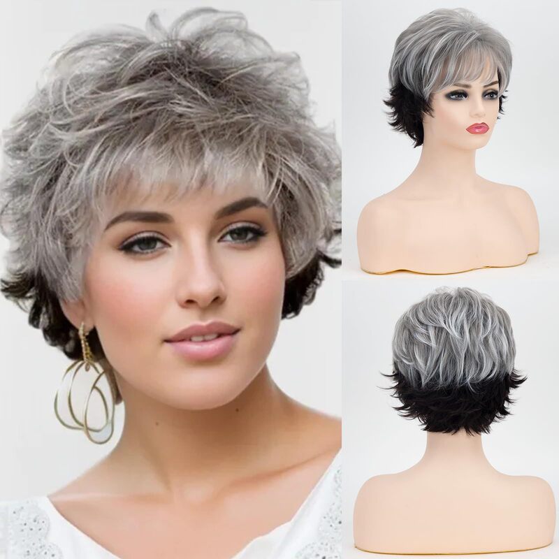 European and American Cross Border Grey Wig Layered Synthetic Hair Mixed Gray Wig with Black Bangs Natural Wig