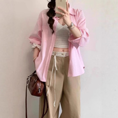 韩版polo领粉色条纹衬衫女秋夏新款慵懒风设计感小众衬衣外套上衣