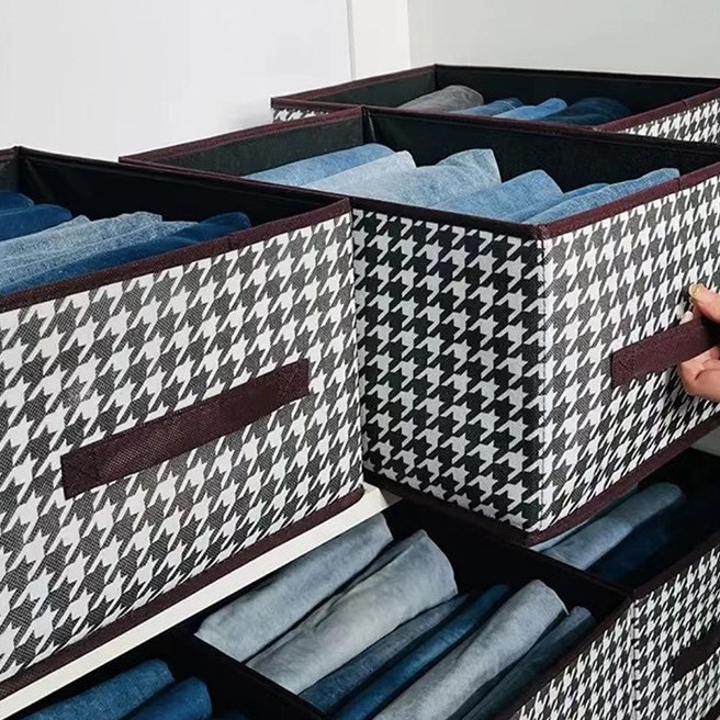 Houndstooth Drawer-Style Pants and Clothing Fabric Storage Box with Lid, Clothes Organizer, Magic Divider for Home Wardrobe