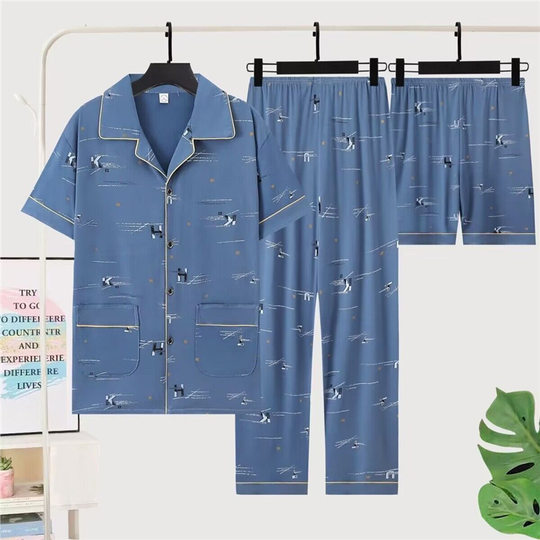 Cotton Men's Pajamas Three-piece Set Summer Short-sleeved Trousers Home Clothes Casual Thin plus size suit