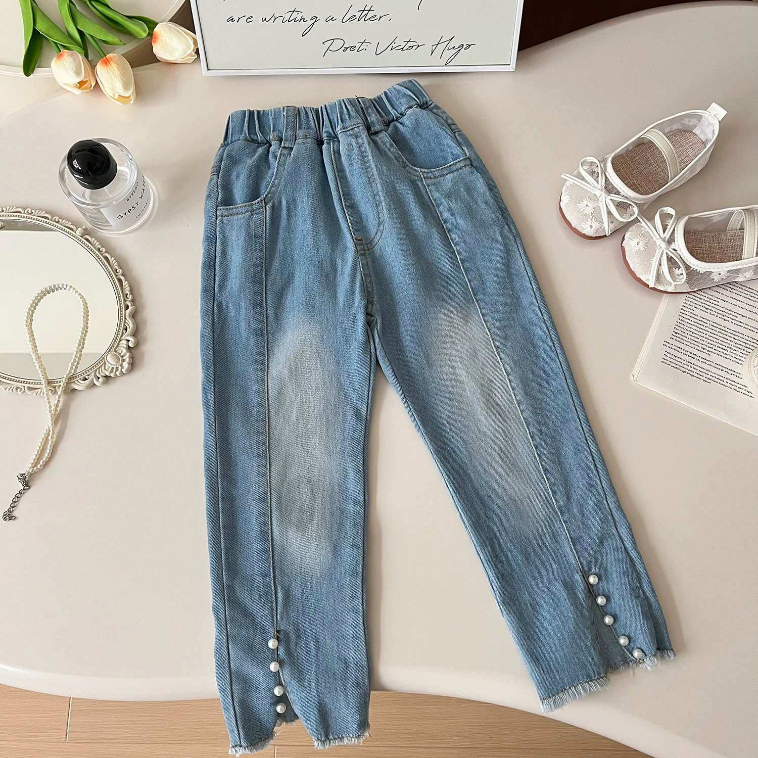 Детские модные джинсы из жемчуга, девочке, одежда для детей, slim fit