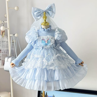 高级女童秋冬毛衣爱莎公主裙女孩洛丽塔蝴蝶结网纱蓬蓬礼服裙子