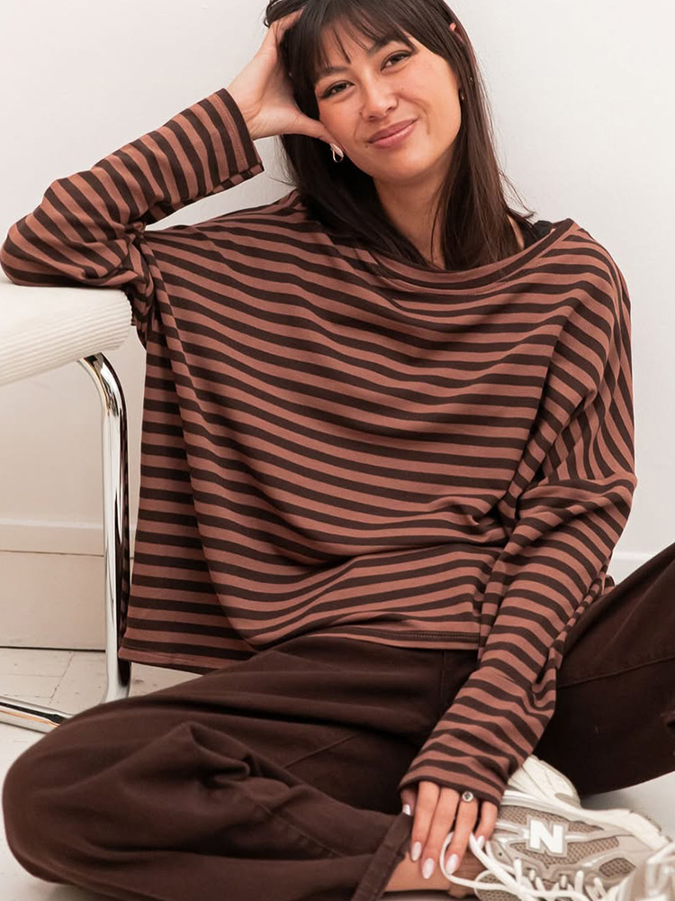Moda universal relajado cuello redondo de manga larga rayas camiseta de punto 2025 otoño y invierno nuevo estilo europeo y americano transfronterizo