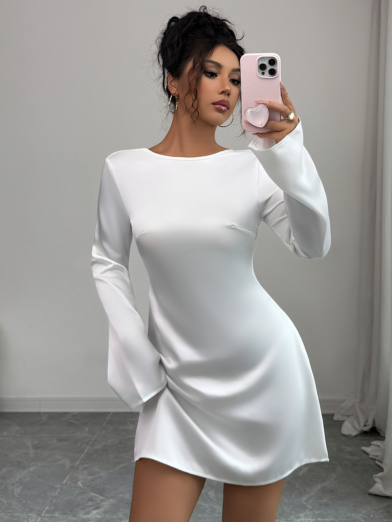 Elegant Backless Long Sleeve Party Dress For Women – Bodycon Mini Dress With Round Neck, Comfortable Polyester Fabric Versatile For Evening Events_ecoleips.com