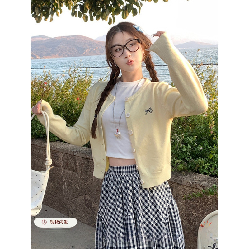 黄色开衫毛衣女外套2025新款秋冬穿搭蝴蝶结刺绣针织外搭春季上衣|undefined
