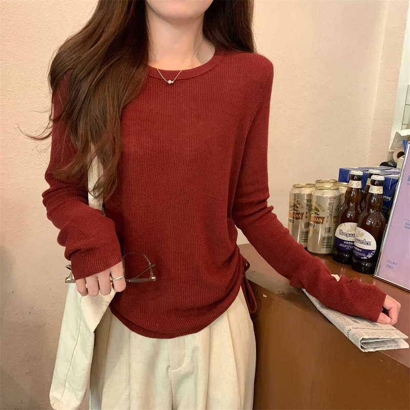 秋季2025新款气质宽松圆领抽绳百搭慵懒针织打底衫长袖上衣女毛衣|undefined