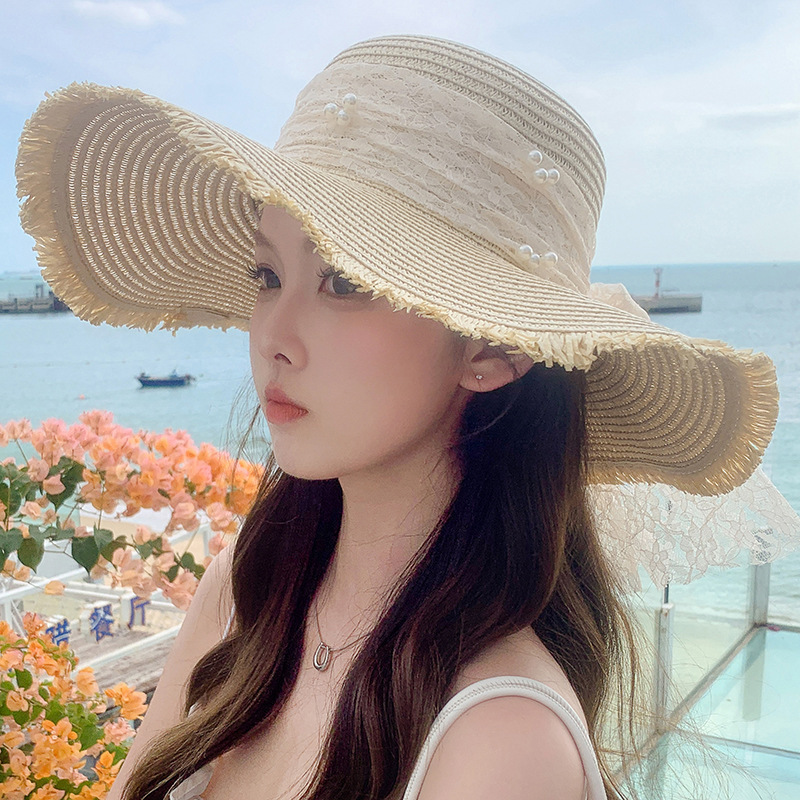 진주 리본 베이지 (챙 길이 14cm, 빅 사이즈)