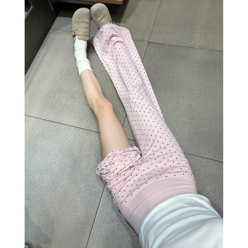 Korean-Style Pink Polka Dot Flared Pants for Women, New Summer Style, Simple High-Waisted Slimming Micro-Flared Pants, Yoga Fitness Sports Pants