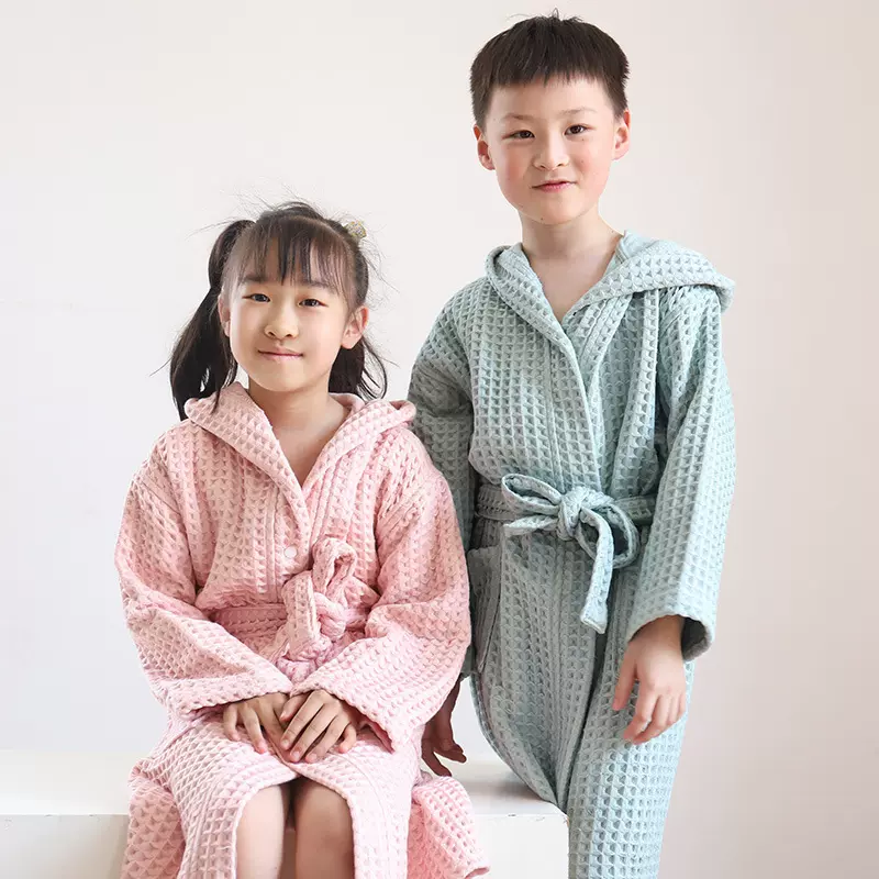 儿童纯棉浴袍华夫格双层加厚浴衣家居服A类中大童男女睡衣吸水