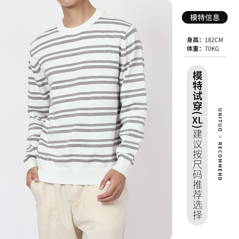 Otoño y invierno viejos suéter de alta gama de estilo de hombre casual versátil de manga larga camiseta a rayas de color contrastante camiseta de punto para hombre